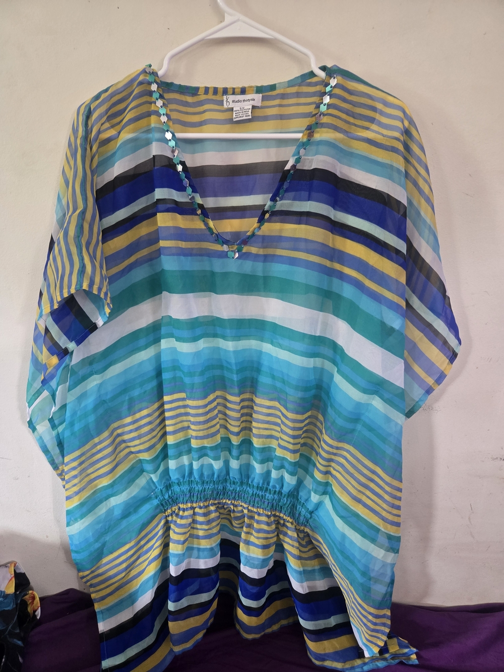 Striped V-Neck Swim Coverup in Aqua, Teal & Yellow
